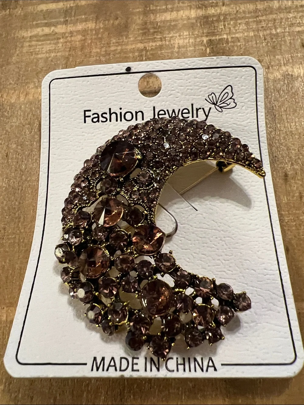 3/$18 Fashion Jewelry Gold-Tone Crescent Moon Brooch with Brown Crystals - 6072